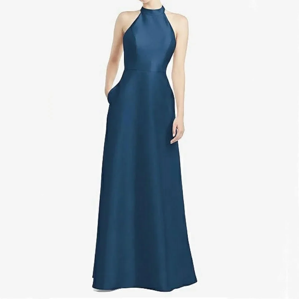 NWT Alfred Sung Dusk Blue High Neck Cut Out Satin Dress Size 6 - Picture 2 of 8